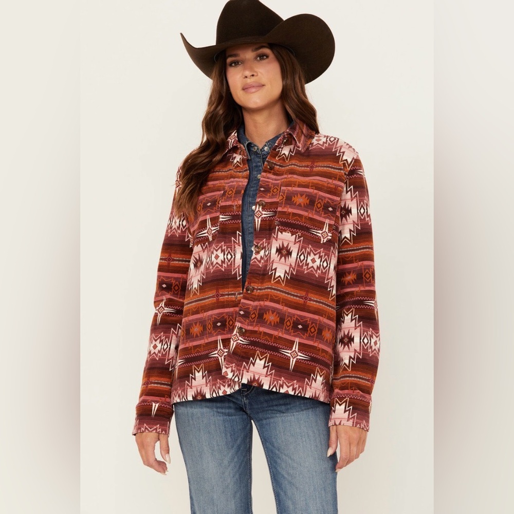SHYANNE WOMEN'S SOUTHWESTERN STRIPED PRINT CORDUROY BARN SHACKET MEDIUM MAHOGANY